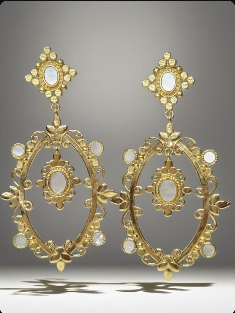 18k Gold Plated Oversized Artisan Mother Of Pearl Baroque Ornate Earrings